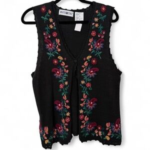 vintage 90s black floral embroidered sweater vest size small